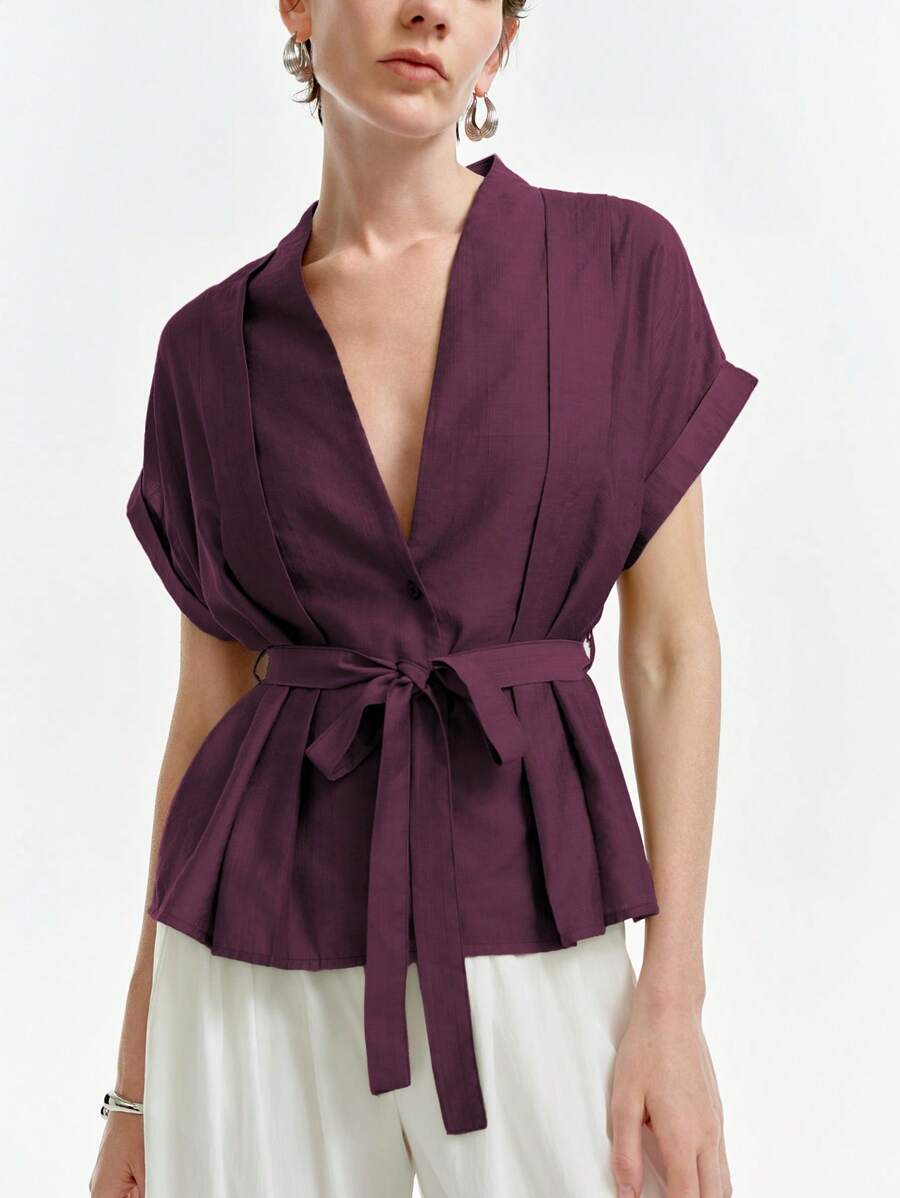 Aalyst Women's Casual V-Neck Pleated Shoulder Turnup Sleeve Short Sleeve Linen Blouse, Spring/Summer
