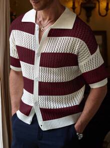 Manfinity CityGents Men Casual Two-Tone Striped Pattern Button Open Knit Sweater Knitted Button Downs For Men's Old Money - Multicolor - View 7