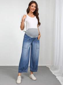 SHEIN Maternity Stretch Patchwork Casual Summer Jeans With Pockets, Fashionable Tapered Denim Jeans Summer Festival Barrel Jeans - Medium Wash - View 1