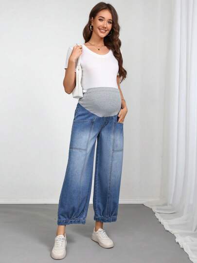 SHEIN Maternity Stretch Patchwork Casual Summer Pants With Pockets, Fashionable Tapered Denim Jeans Summer Outfits For Women Festival Outfits Barrel Jeans