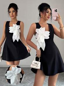 Elenzga V-Neck Floral Colorblock Mini Dress With Waist Cinch, Sleeveless Elegant French Summer Vacation Style - Black - View 3