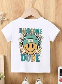 GraphicGems Young Boy Casual Fashion Creative Checkerboard, Face & Letter, Skateboard Graphic Print Short Sleeve Round Neck T-Shirt, Suitable For Daily Wear, School And Outdoor Play In Summer
