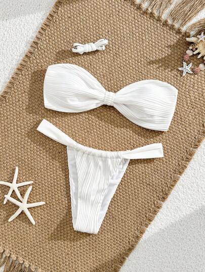 SHEIN 2pcs Textured Solid Color Bandeau Triangle Bikini Swimsuit Set For Women, Suitable For Beach For Summer Beach Vacation