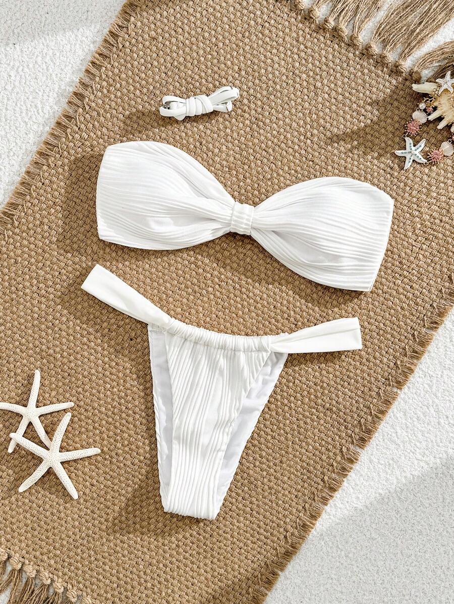 SHEIN 2pcs Textured Solid Color Bandeau Triangle Bikini Swimsuit Set For Women, Suitable For Beach For Summer Beach Vacation - White - View 1
