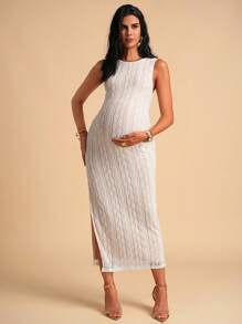 MaterniChic Maternity Lace Scoop Neck Side Split Hem Elegant Dress Baby Shower Maternity Dress Birthday Dresses For Maternity White Dress - White - View 7