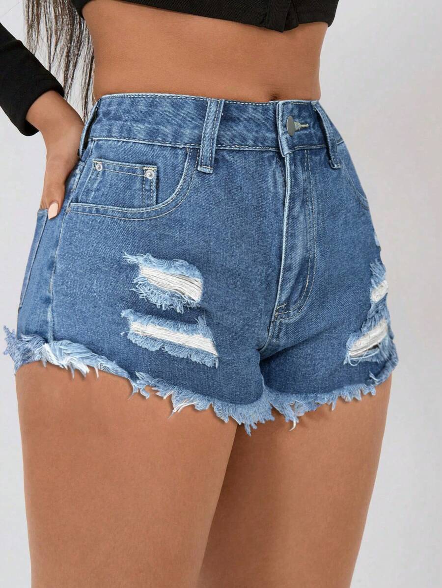 SHEIN PETITE Ripped Hem Slash Pocket Sexy Skinny Denim Shorts - Medium Wash - View 1