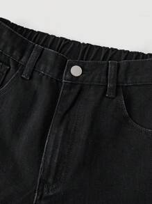 SHEIN Girlism 少女休闲百搭纯色阔腿牛仔裤 - 黑色 - 查看 3