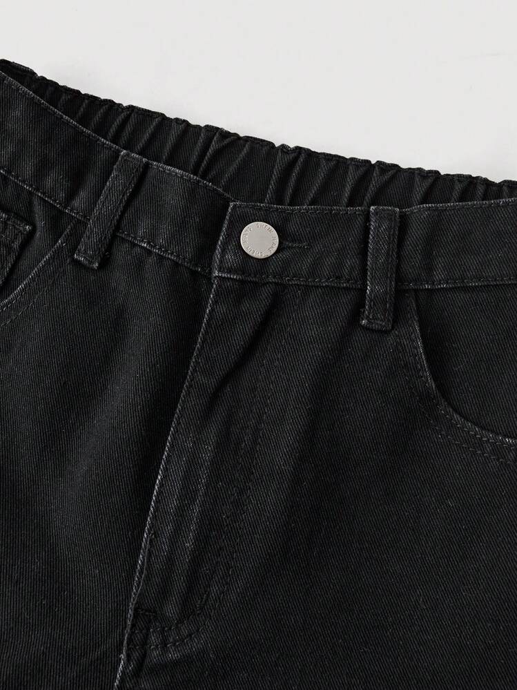 SHEIN Girlism بنطلون جينز واسع الساق ذو لون أحادي متعدد الاستخدامات للفتيات المراهقات - الأسود - مشاهدة 3