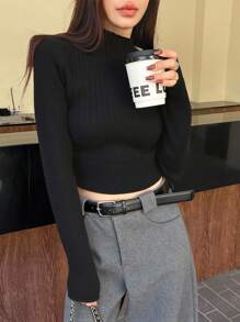 Dazy Star 女式纯色罗纹休闲套头毛衣、长袖上衣、返校服短款女式秋季上衣