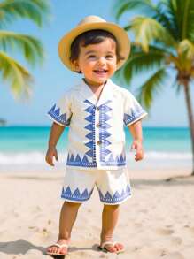 2pcs Baby Boy Vacation Casual Geometric Print Shirt & Shorts Set, Spring/Summer - Apricot - View 1