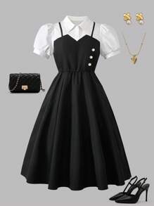 Sweetra Young Teen Girls Contrast Color 2 In 1 Short Puff Sleeve Summer Dress