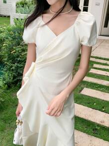SHEIN LUNE 女士荷叶边下摆纯色修身连衣裙 - 白色 - 查看 5