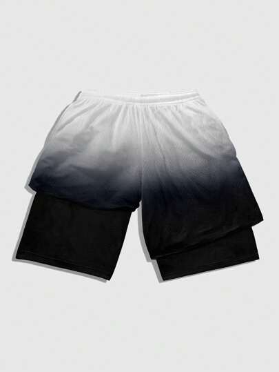 Goth Men's Drawstring Waist Ombre Color Double Layer Shorts, For Back To School