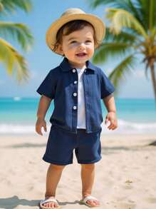 SHEIN 2pcs Set Casual Solid Color Vacation Open Collar Short Sleeve Shirt & Elastic Waist Shorts, Children/Infant Outfit, Suitable For Vacation, Daily Wear, Party, Summer Boys Outfit Sets Baby Summer Clothes For Baby Boy Summer - Blue - View 2