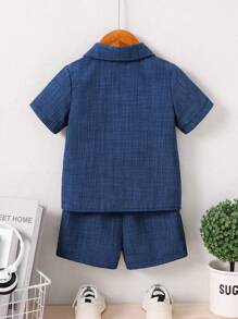 SHEIN 2pcs Set Casual Solid Color Vacation Open Collar Short Sleeve Shirt & Elastic Waist Shorts, Children/Infant Outfit, Suitable For Vacation, Daily Wear, Party, Summer Boys Outfit Sets Baby Summer Clothes For Baby Boy Summer - Blue - View 3