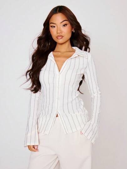 MUSERA Camisa de manga larga con botones, acampanada y a rayas, ajustada - Casual, elegante y linda para ocasiones como vacaciones, otoño, regreso a clases, trabajo, otoño, invierno, fiestas navideñas, elegante