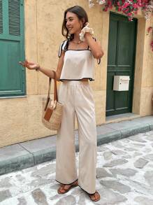 Serisse 2 件女式撞色饰边无袖系带肩短款上衣和裤子套装，休闲 - 彩色 - 查看 7