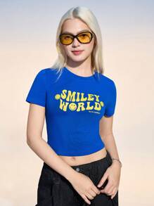 SmileyWorld® | SHEIN Áo thun cổ tròn tay ngắn họa tiết mặt cười và chữ cho nữ - Màu xanh lam - Xem 4