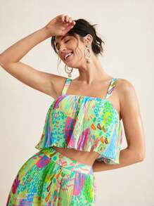 Sire Leo Lamar Chiffon Pastel Doodle Print Micro-Pleated Cami With Wide Straps Crop Top