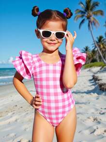 Emery Rose Kids Emery Rose Kids Bộ đồ bơi liền mảnh kẻ caro đan cho bé gái - Hồng - Xem 1