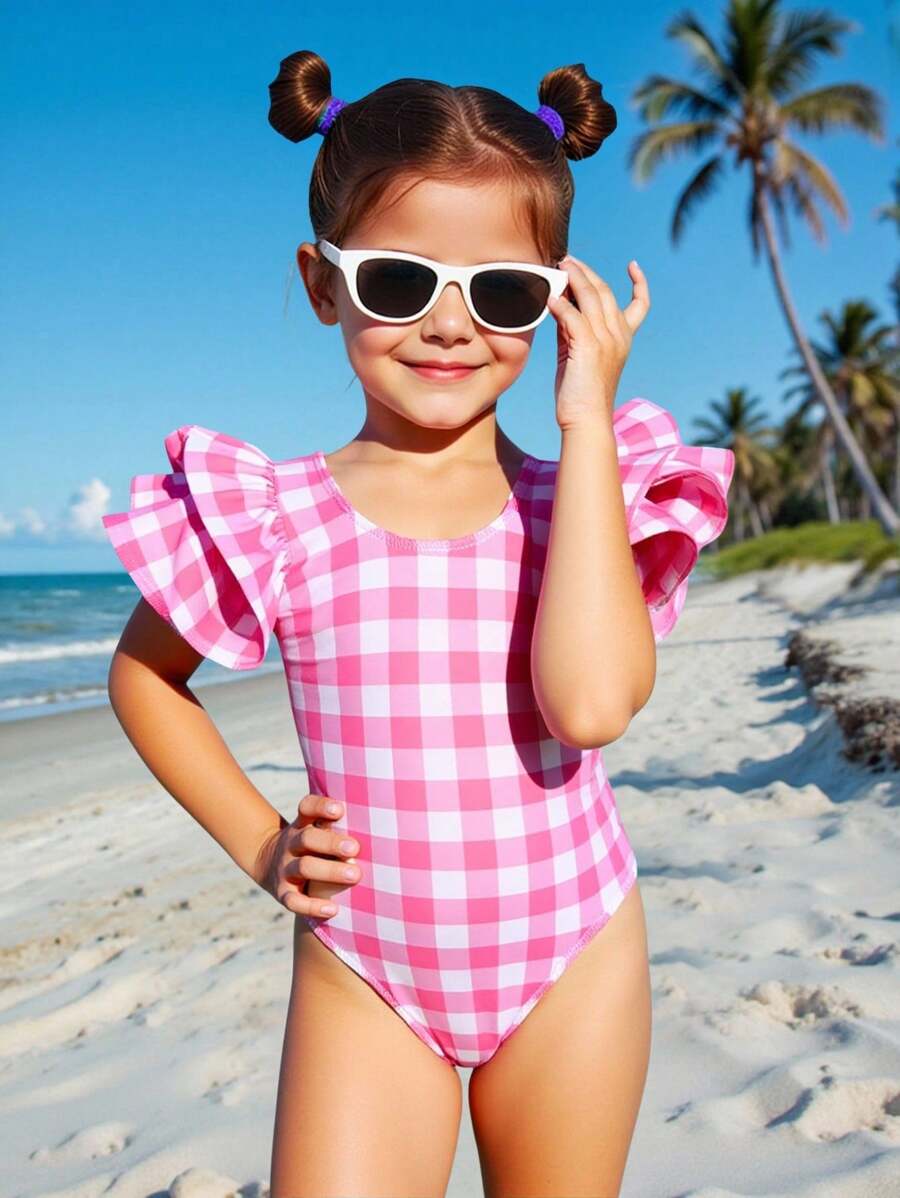 Emery Rose Kids Emery Rose Kids Bộ đồ bơi liền mảnh kẻ caro đan cho bé gái - Hồng - Xem 1