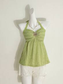 Modelyn Women's Solid Color Halter Neck Knotted Metal Buckle Top - Green - View 6