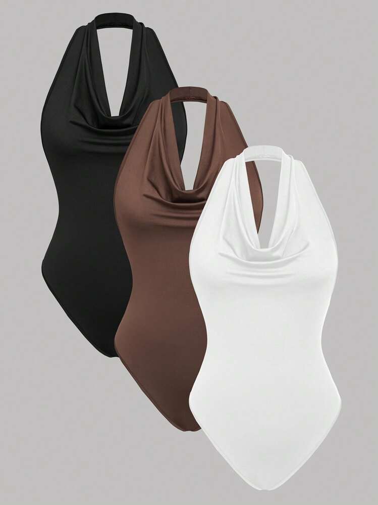 Lunelith SHEIN Lunessa 3 pièces Body simple à col drapé de couleur unie d'été pour femmes, tenues de base pour les femmes, tenues de plage pour femmes, tenues de plage, hauts de base pour femmes, vêtements de sport pour femmes