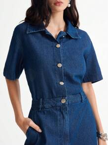 Daynim 前扣阔腿牛仔连体裤 - 中等水洗藍 - 查看 4