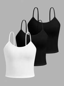 Teens Girls 3-Pack Simple Comfortable Adjustable Strap Fitted Camisole - Black - View 1