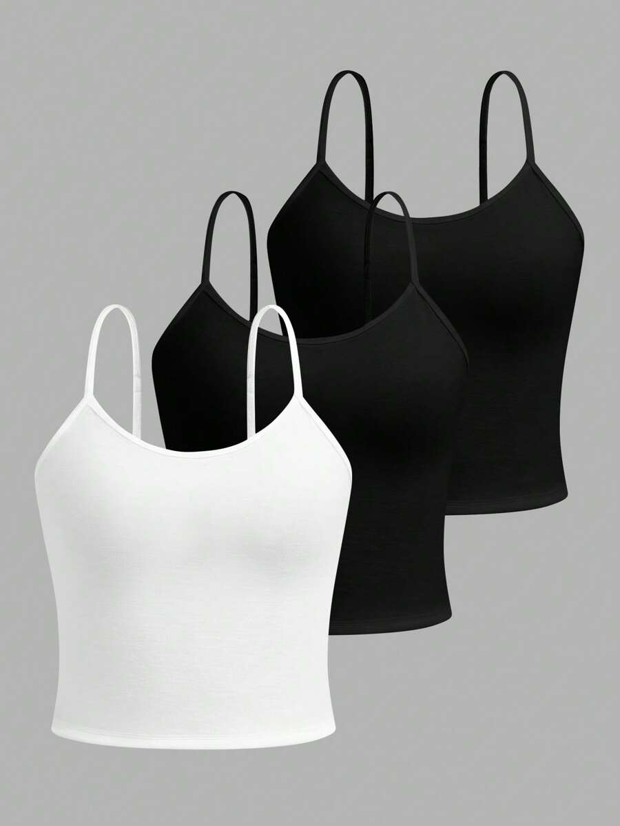 Teens Girls 3-Pack Simple Comfortable Adjustable Strap Fitted Camisole - Black - View 1