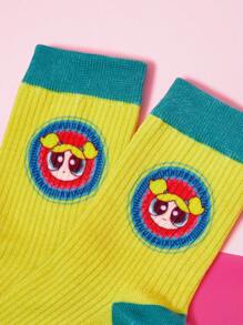 THE POWERPUFF GIRLS X SHEIN Chaussettes d'équipe colorées et mignons motif bulles à la mode