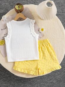 2 Stücke Outfit für Tween Mädchen, ärmelloses, kurzes Tanktop mit Jakobsmuschelbesatz und floralem Dekor vorne und Shorts-Set mit elastischer Taille und Jakobsmuschelbesatz, süßer, lässiger Sommer