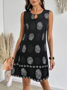 SHEIN LUNE Damen Lässig Kurzkleid mit ganzflächigem Aufdruck und Ausschnitt ohne Ärmel - Schwarz - Übersicht 5