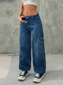 EURMUSE Low Waist Vintage Wash Flap Pocket Jogger Jeans Women S Clothes Woman S Summer Clothes - Medium Wash - View 1
