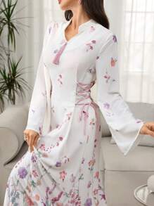 SHEIN Najma 长立领花卉侧开衩抽绳连衣裙，春夏 - 彩色 - 查看 6