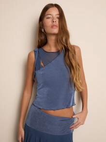 Nöista Blue Mesh Patchwork Crop Top Featuring An Asymmetrical Sleeveless Design With Distinct Y2K Summer Style - Blue - View 6