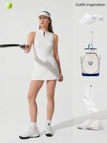 GLOWMODE Quick-Dry Hot Shot High Neck StandUp Collar Zipper Front Built-In Shorts Side Slits Removable Cups Tennis Dress Low Impact Golf Pickleball Daily Casual Wear