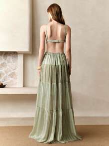 Arave 编织条纹印花细肩带露背褶皱复古优雅女式连衣裙，夏季 - 綠色 - 查看 2