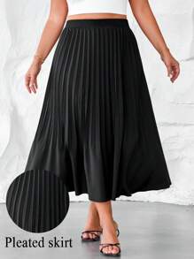 SHEIN LUNE Plus Size Women's Elegant Solid Color Pleated Elastic Waist A-Line Skirt, Summer - Black - View 6