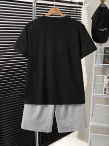 SHEIN 1 套青少年男童撞色圆领短袖上衣和短裤两件套休闲运动装，夏季 - 灰色 - 查看 2