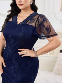 Modelyn 大码女式蕾丝荷叶边短袖鱼尾下摆优雅连衣裙 - 藍色 - 查看 5