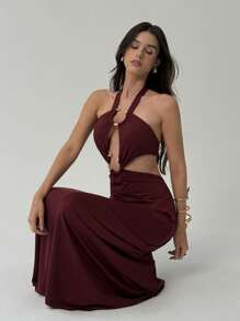 Aloruh Sexy Lace-Up Halter Hollow Metal Ring Backless Dress For Women, Going Out - Red Violet - View 4