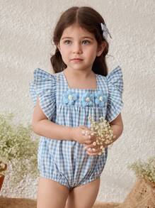 Blossori Baby Girls' Country Style Blue Plaid Ruffle Sleeve Bodysuit - Blue and White - View 1