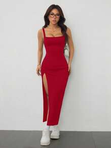 SHEIN PETITE High Elastic Rib Knit Wide Shoulder Strap Women's High Slit Slim Long Dress