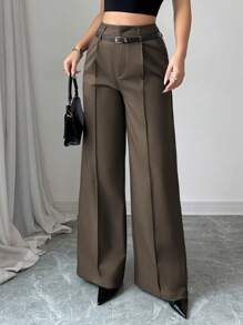 SHEIN PETITE Early Spring New Arrival High Waist Solid Wide Leg Pants With Matching Vintage Belt, Elegant Design Suitable For Daily And Work Wear Tea Party Fall Cloth For Women