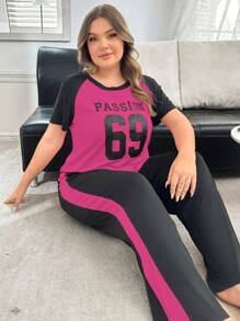 Plus Size Women Color Block Letter Print Design Casual Pajamas Set, Outfits - Hot Pink - View 1