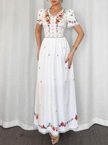 Chiquease French Elegant Romantic Woven Printed V-Neck Cinched Waist Short Sleeve Women Summer Top - Multicolor - View 4
