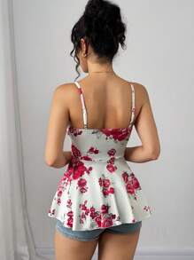 Elenzga Floral Print Ruffle Cinched Waist Camisole - Red - View 2