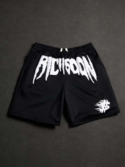 PAVTROS 男士青春街头风INS高街创意字母印花黑色短裤，送给男朋友或老公的礼物，图案