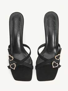 CUCCOO CHICEST 女士夏季新款闪亮水晶心形扣带方头细高跟鞋优雅简约时尚黑色仿麂皮高跟凉鞋，适合下午茶、约会、度假 - 黑色 - 查看 8